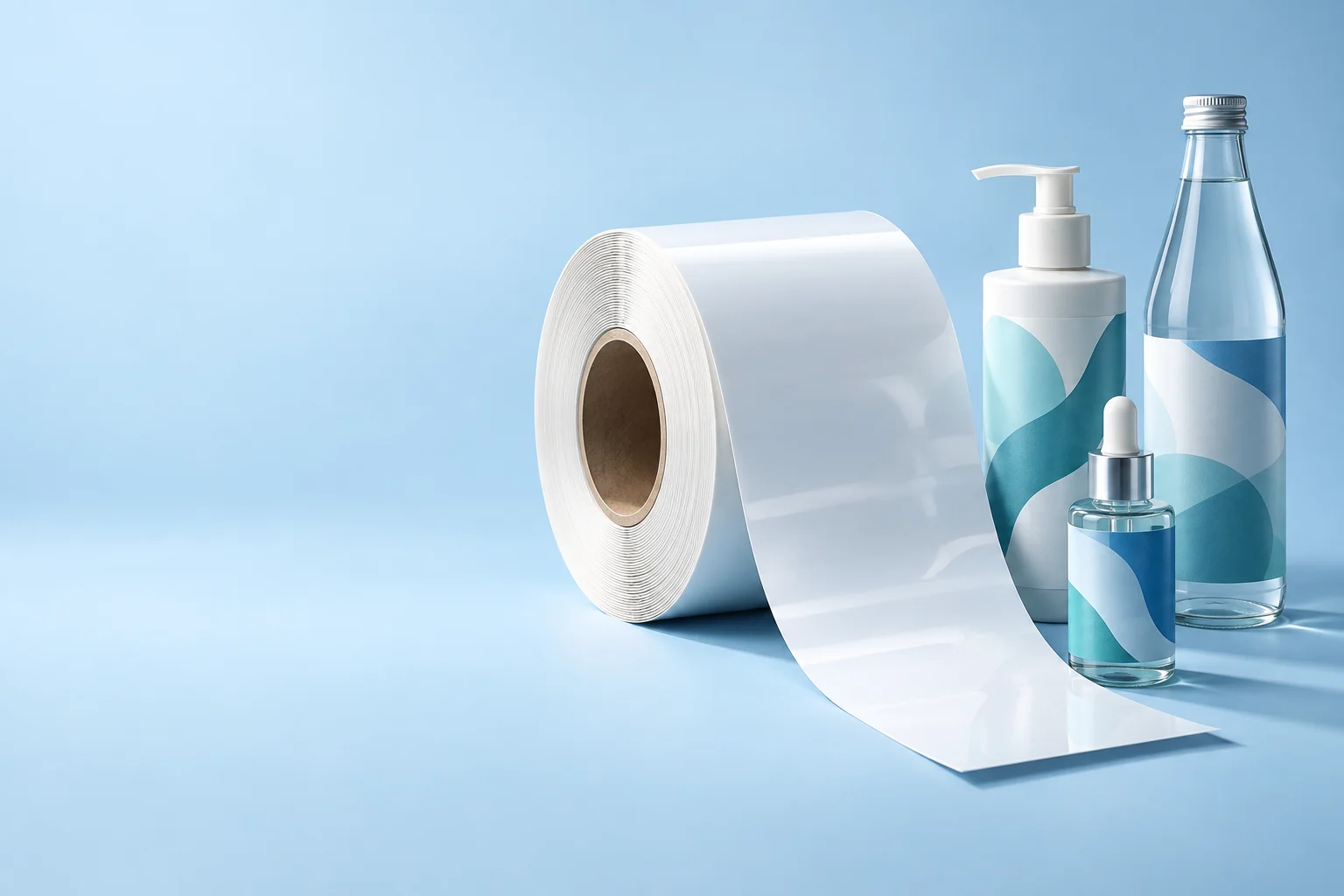 White label film roll beside bottles with blue labels