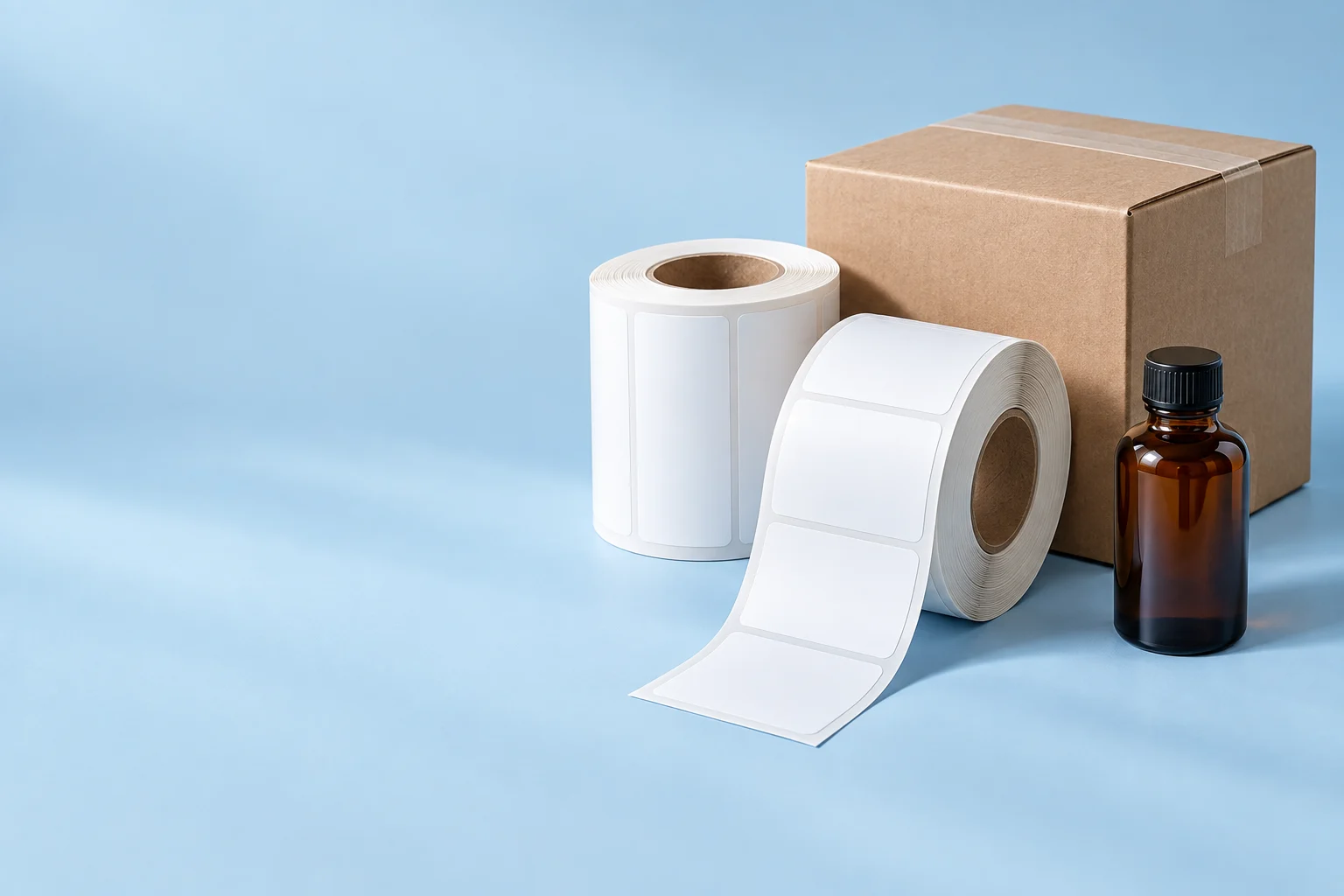 Paper label rolls beside a shipping box