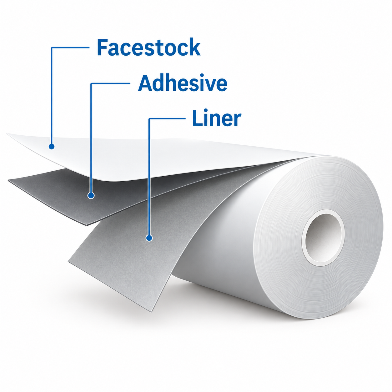 Material roll showing labeled facestock, adhesive, and liner layers